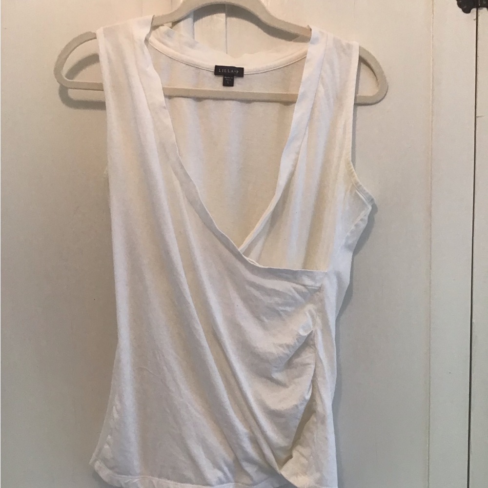 LILLA P sleeveless faux wrap white top L